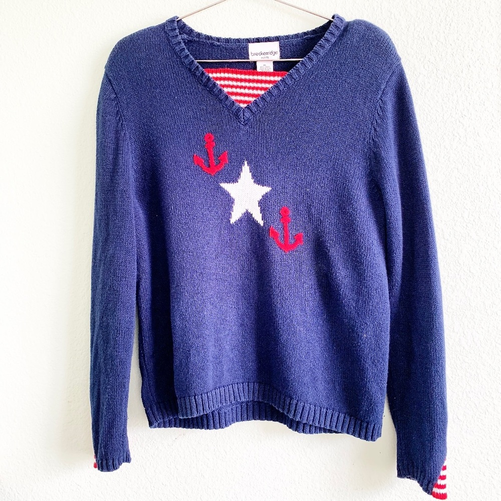 VINTAGE Brekenridge ramie cotton navy blue sweater nautical embroidery M